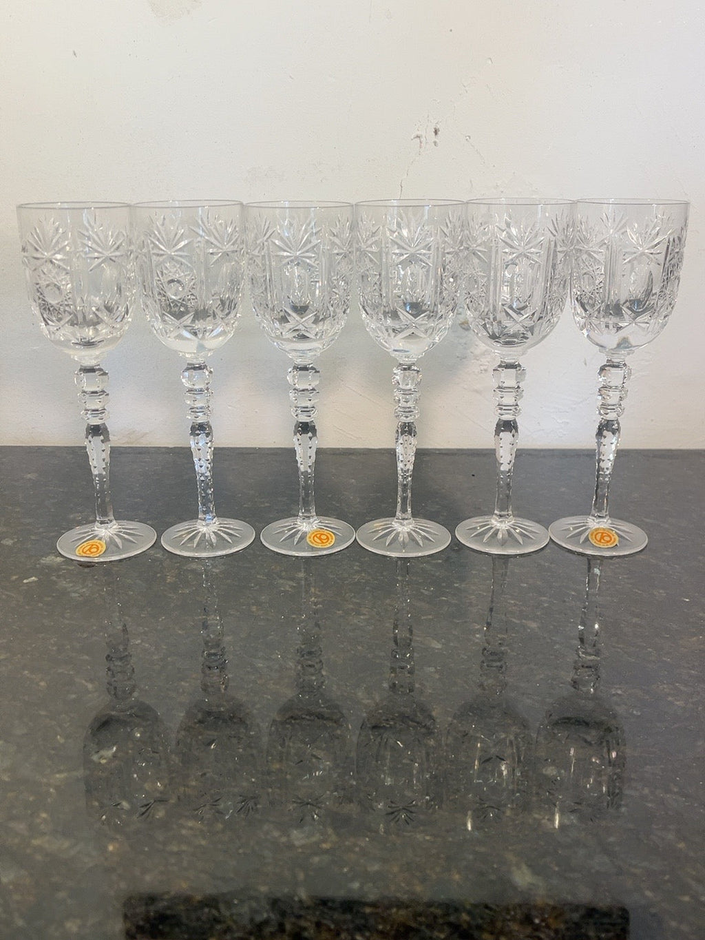 Original six West German cordial glasses showing surviving factory stickers