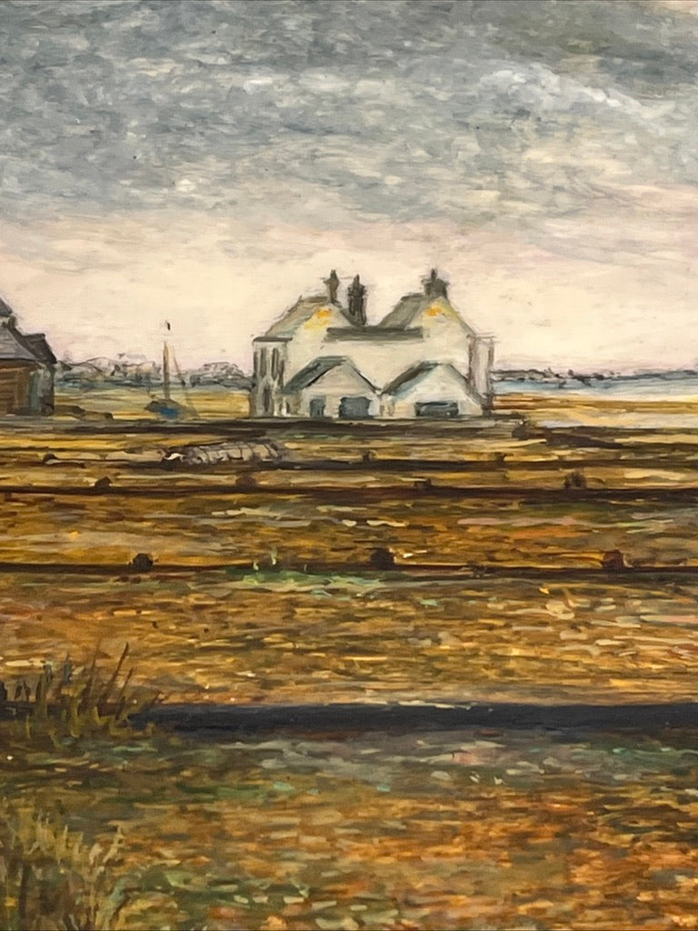 Original oil painting detail of beach, seafront cottages and sky