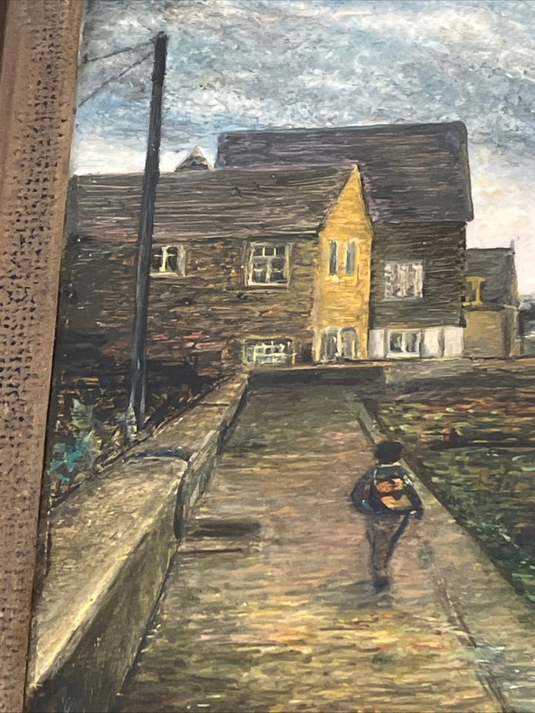Original oil painting detail of Whitstable promenade, person and buildings