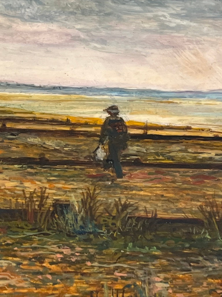 Original painting showing figure on the shingle beach, brushwork close-up