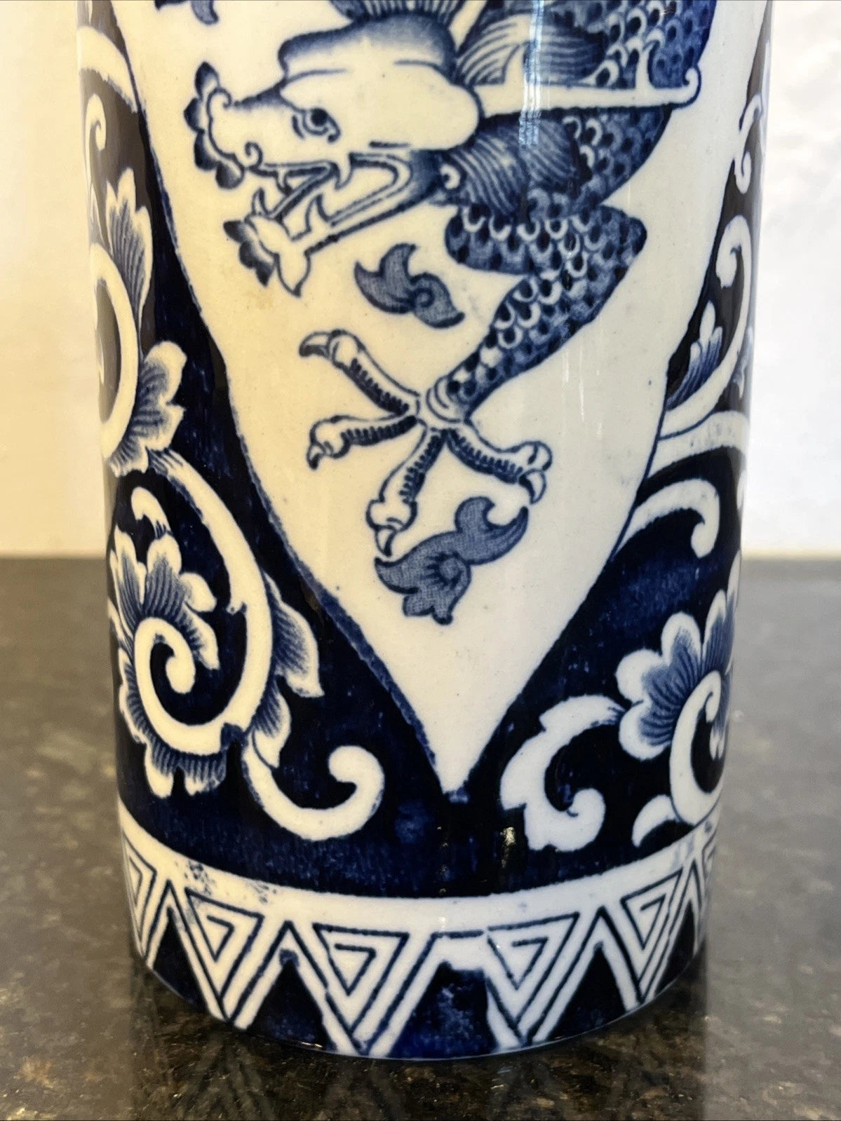 Close view of the dragon and floral transferware decoration