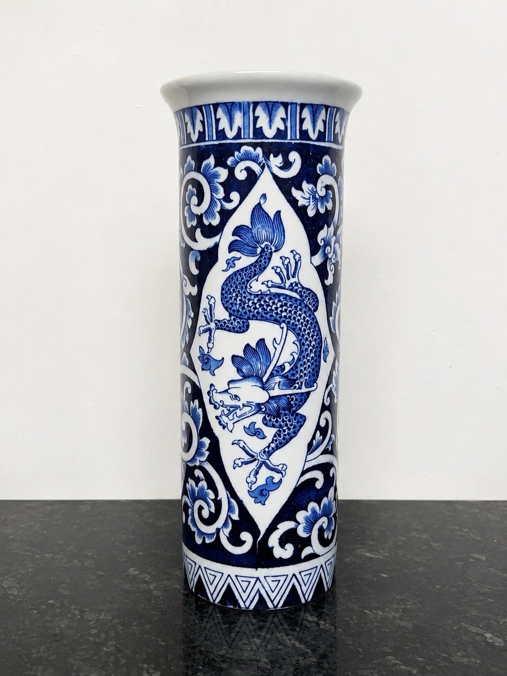 Full view of the Wood & Sons Kylin blue and white dragon vase